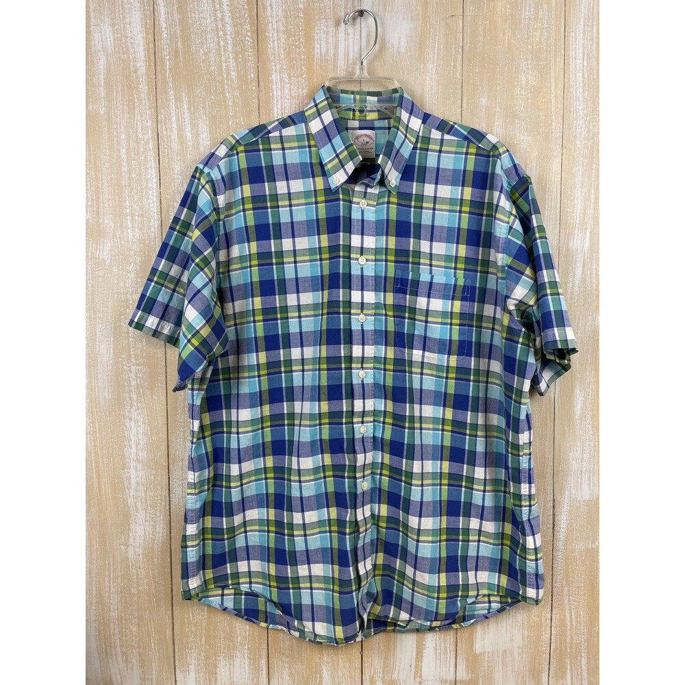 Brooks Brothers 346 Men’s L Cotton Short Sleeve Shirt Blue Green Plaid Pocket - Picture 2 of 8